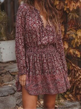 Faherty Montera Floral Mini Dress XS Long Sleeve Smocked Waist Blouson Sleeve